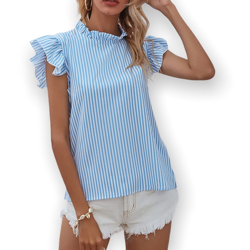 NEW Milumia Women Blue & White Striped Mock Neck Ruffle Trim Sleeveless Blouse S